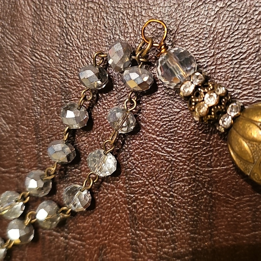 Beige Silk Tassel Crystal Necklace - Women Jewelry 35 Inches - Picture 2 of 3